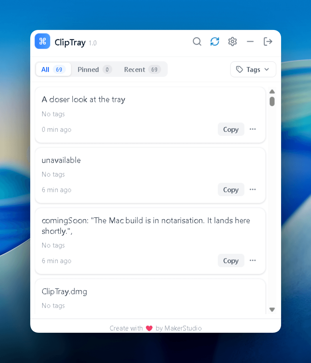 The Cliptray tray listing recently copied clips beneath a search field, with an empty pinned section above