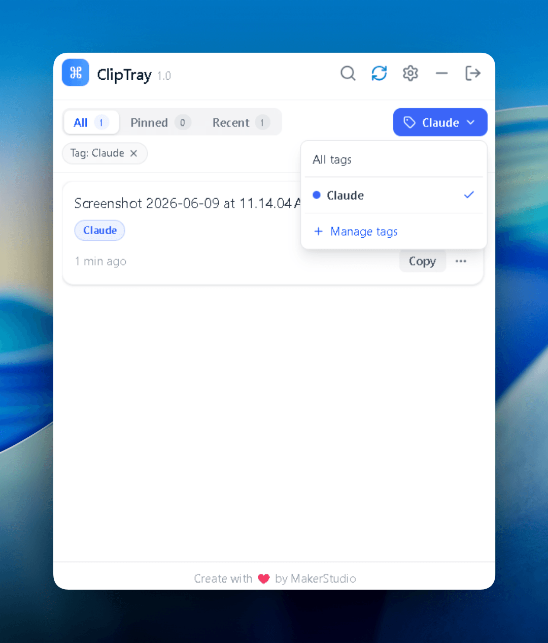 The Cliptray tray showing a copied image with its thumbnail ready to paste