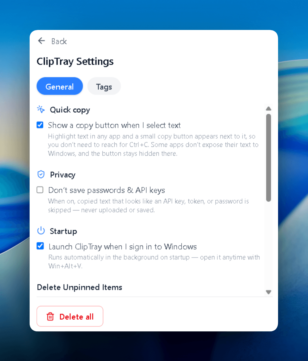 Cliptray settings showing Privacy Mode for skipping passwords and API keys
