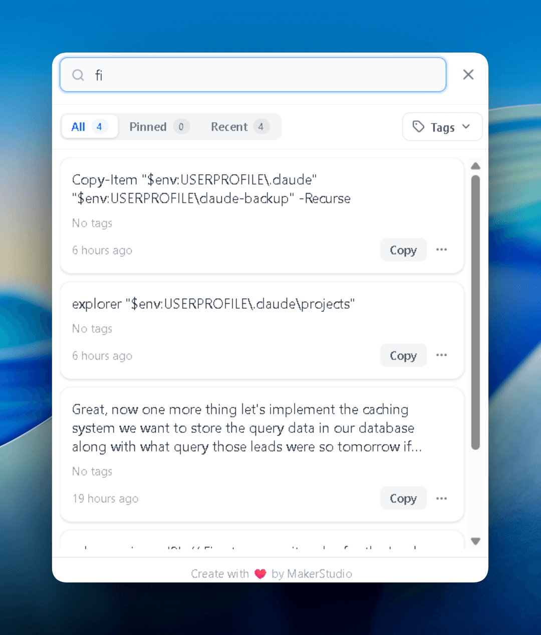 The Cliptray tray with a search term typed into the field, narrowing the clip list to one result