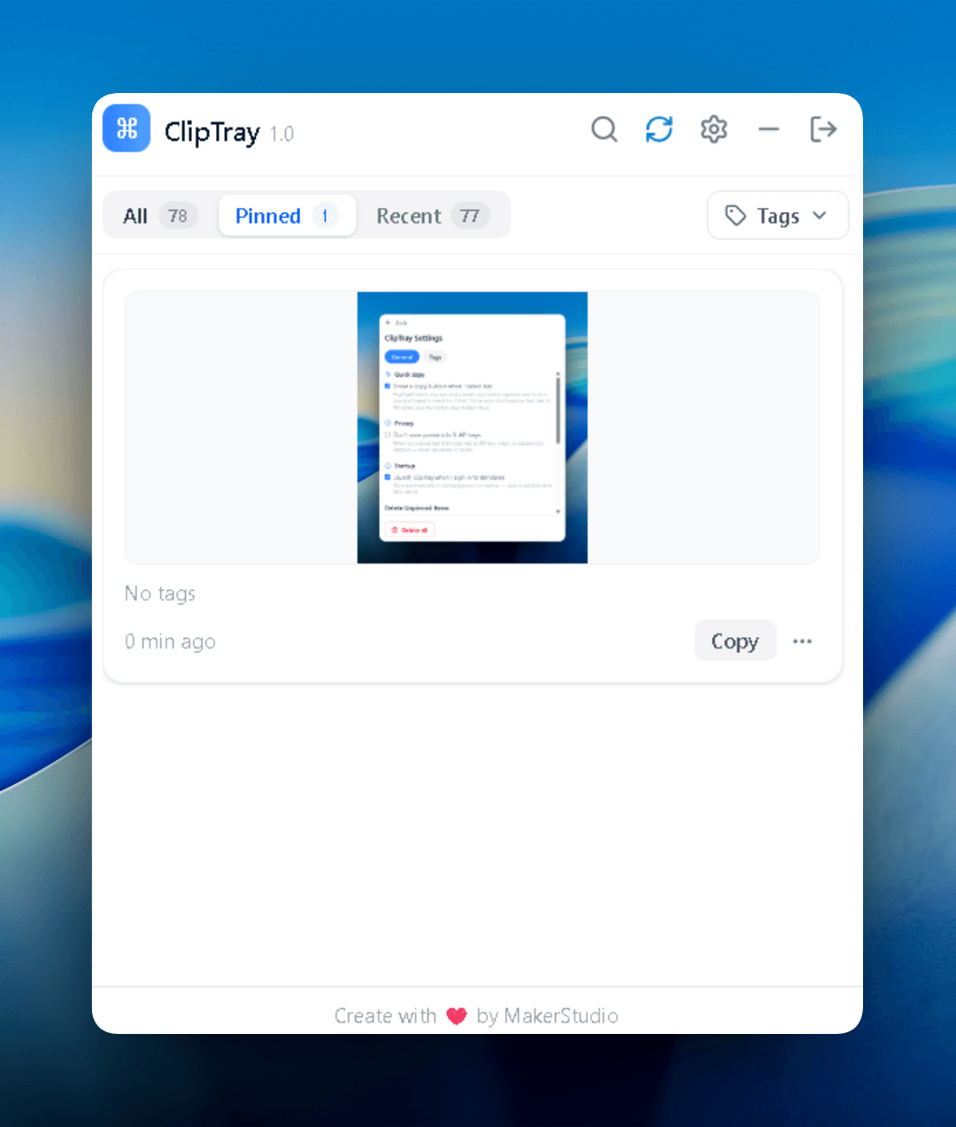 The Cliptray tray with a tag filter applied to a copied image