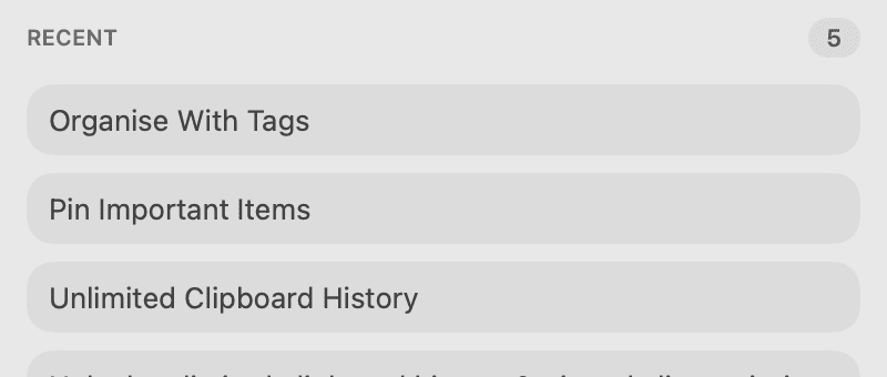 The recent list inside the Cliptray tray, showing saved clips one under another