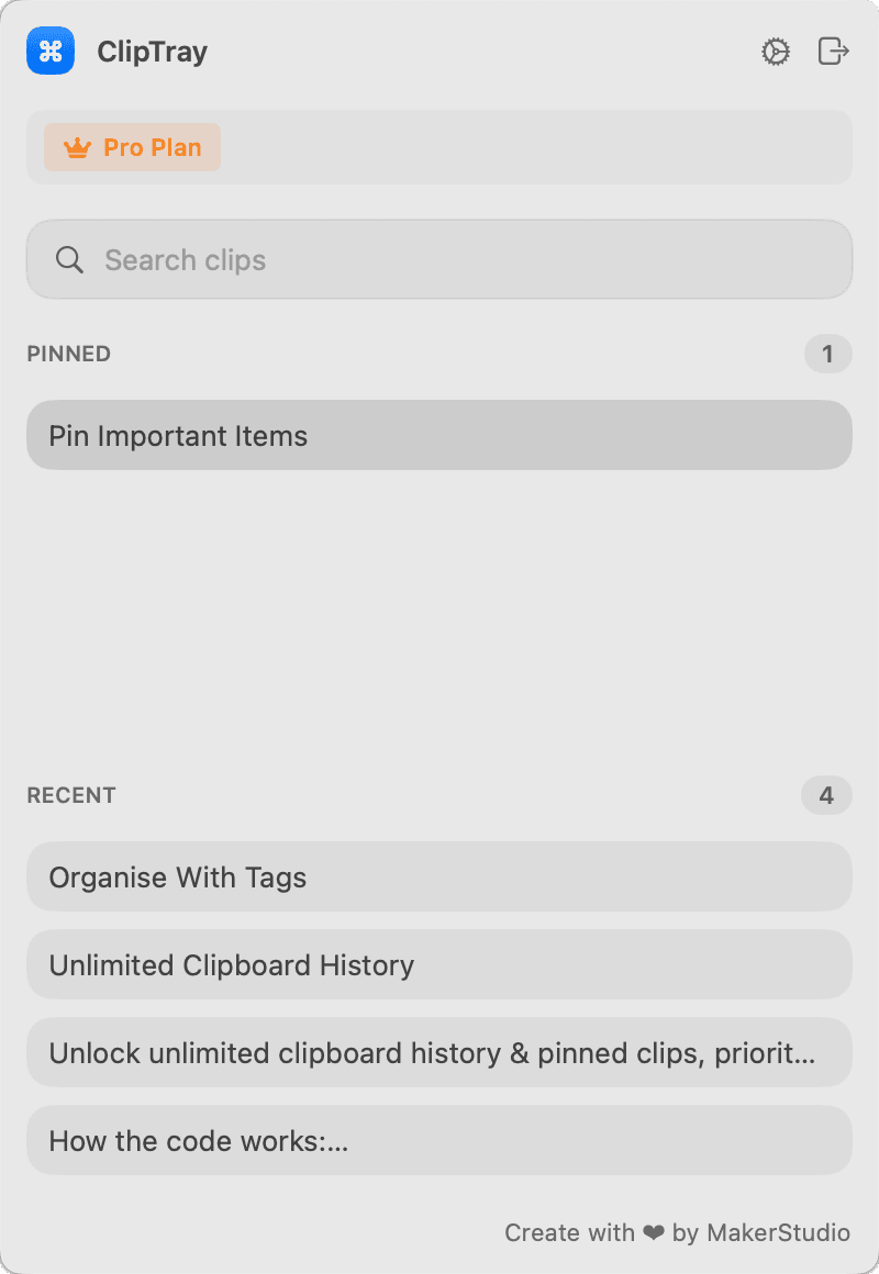 The Cliptray tray open over the desktop, with a pinned clip above a list of recent ones and a search field at the top
