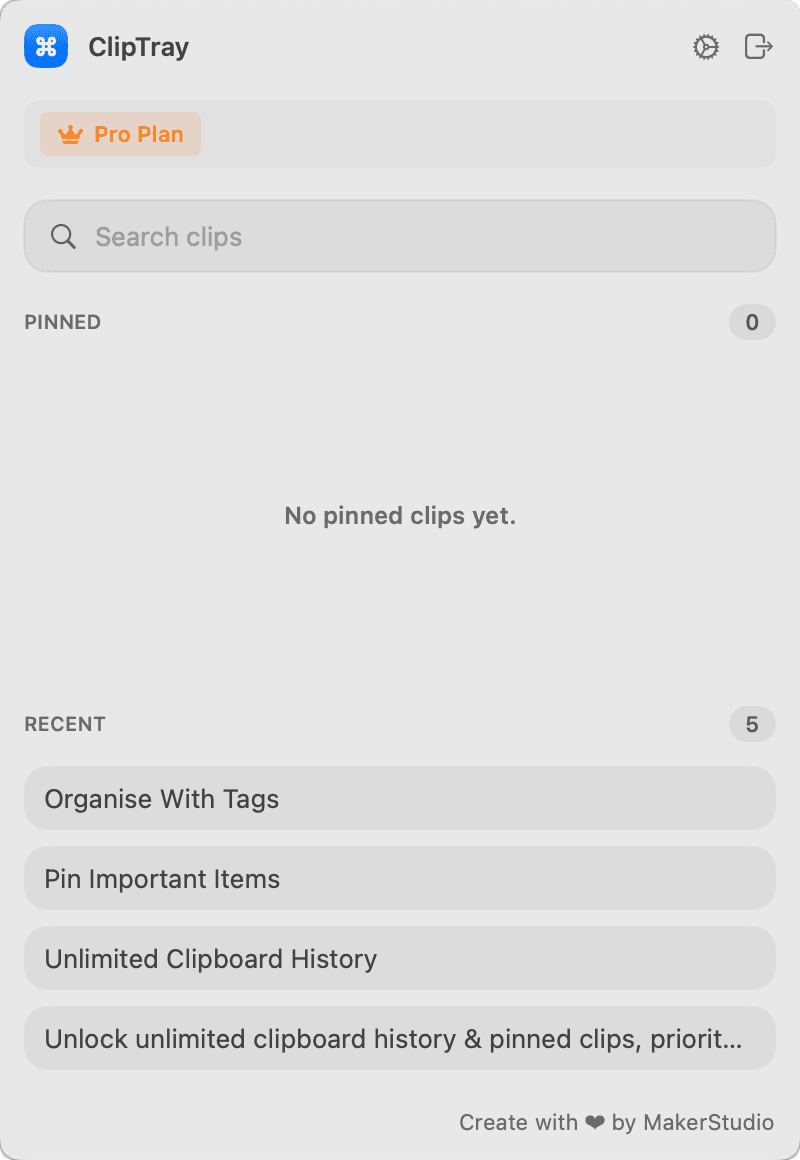 The Cliptray tray listing recently copied clips beneath a search field, with an empty pinned section above