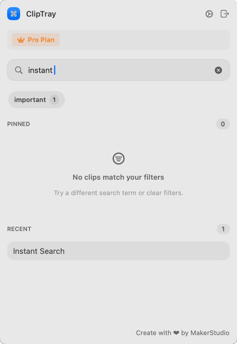 The Cliptray tray with a search term typed into the field, narrowing the clip list to one result