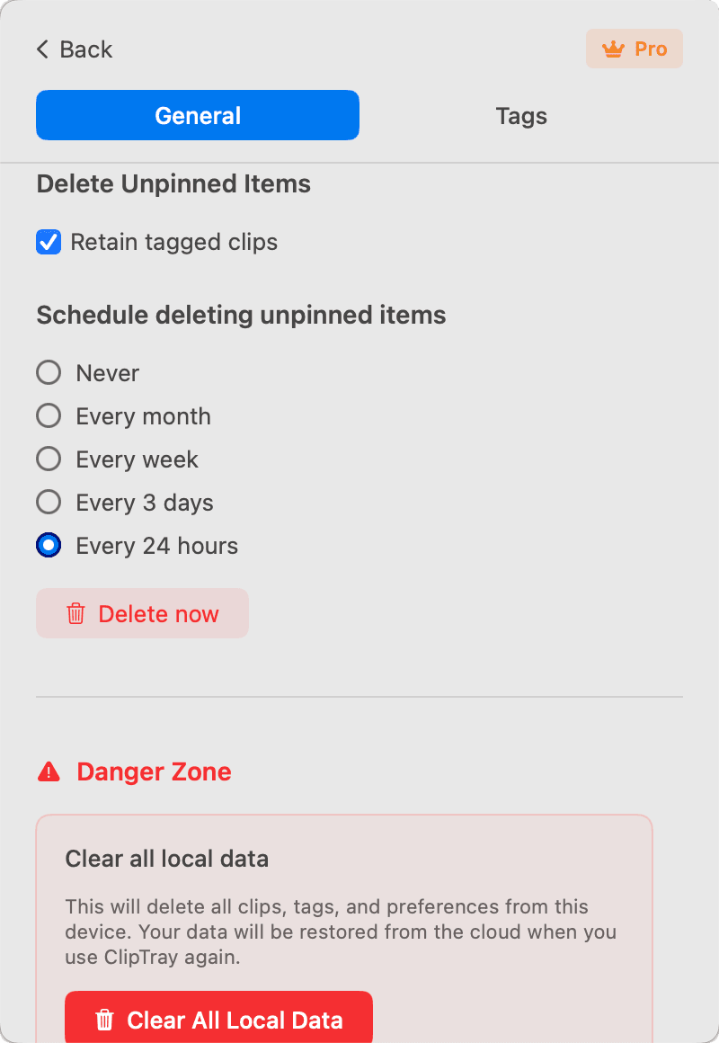 Cliptray settings, showing the schedule for deleting unpinned clips and the control that clears all local data