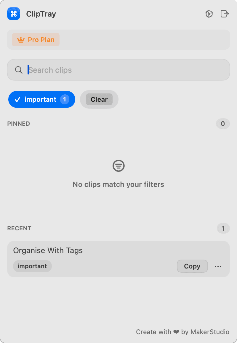 The Cliptray tray with an important tag filter applied, showing the one tagged clip and its copy button